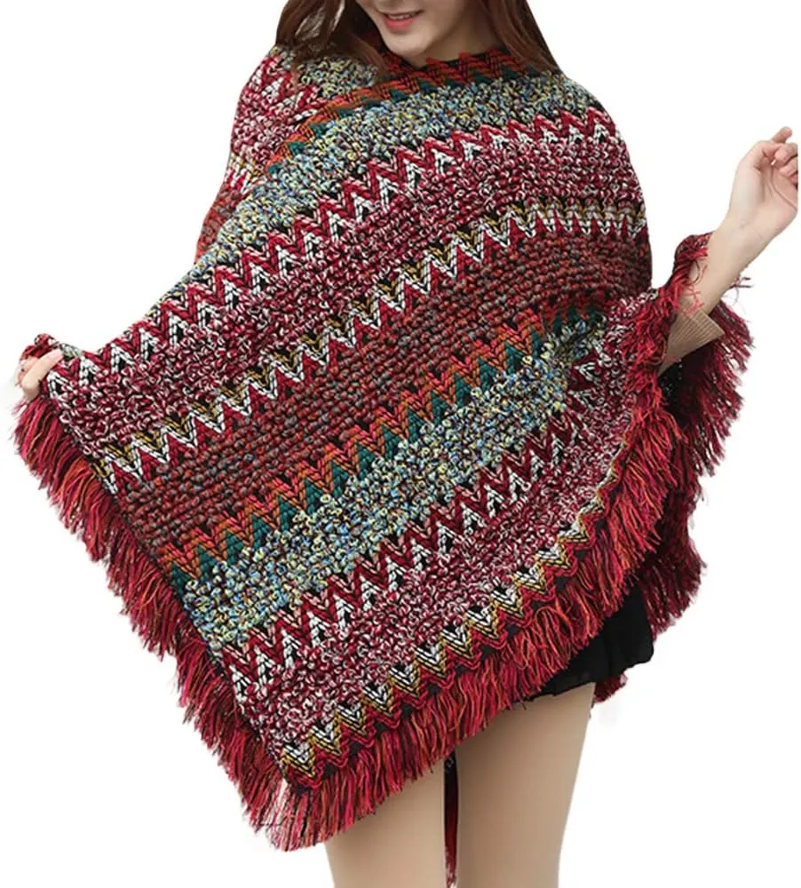 xxxiticat Women's Multi-Way Wearing Fringe Knitting Bohemian Cloak Sweaters Tassel Loose Stripe Jumpers Capes Coats