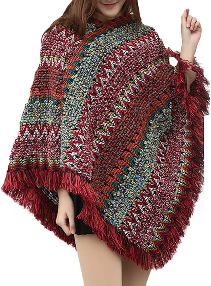 xxxiticat Women's Multi-Way Wearing Fringe Knitting Bohemian Cloak Sweaters Tassel Loose Stripe Jumpers Capes Coats