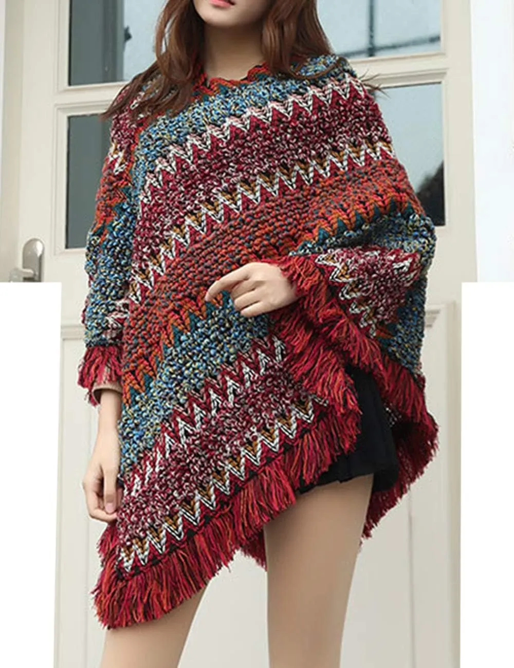 xxxiticat Women's Multi-Way Wearing Fringe Knitting Bohemian Cloak Sweaters Tassel Loose Stripe Jumpers Capes Coats