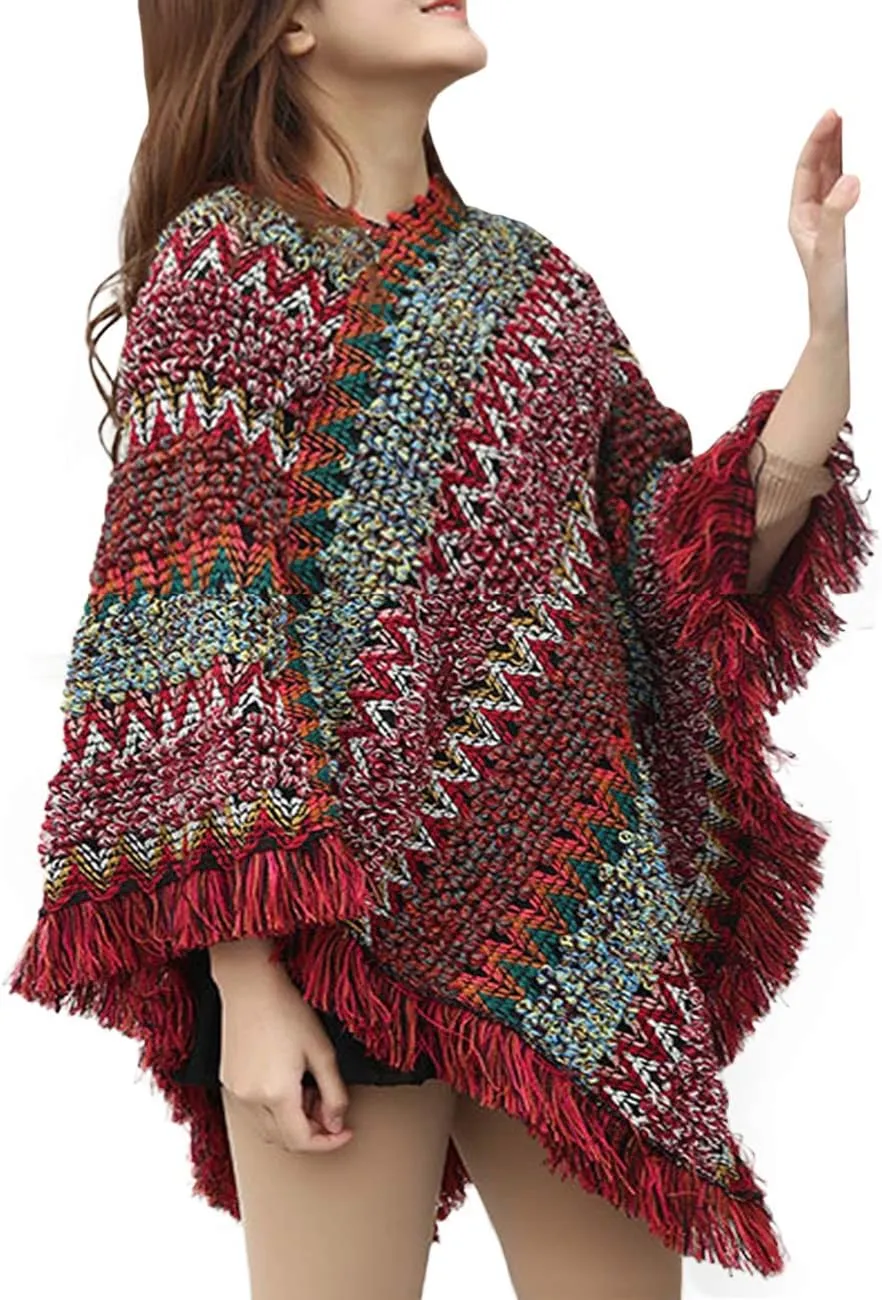 xxxiticat Women's Multi-Way Wearing Fringe Knitting Bohemian Cloak Sweaters Tassel Loose Stripe Jumpers Capes Coats