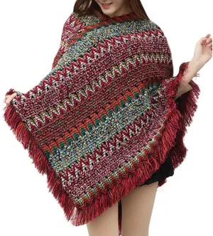 xxxiticat Women's Multi-Way Wearing Fringe Knitting Bohemian Cloak Sweaters Tassel Loose Stripe Jumpers Capes Coats