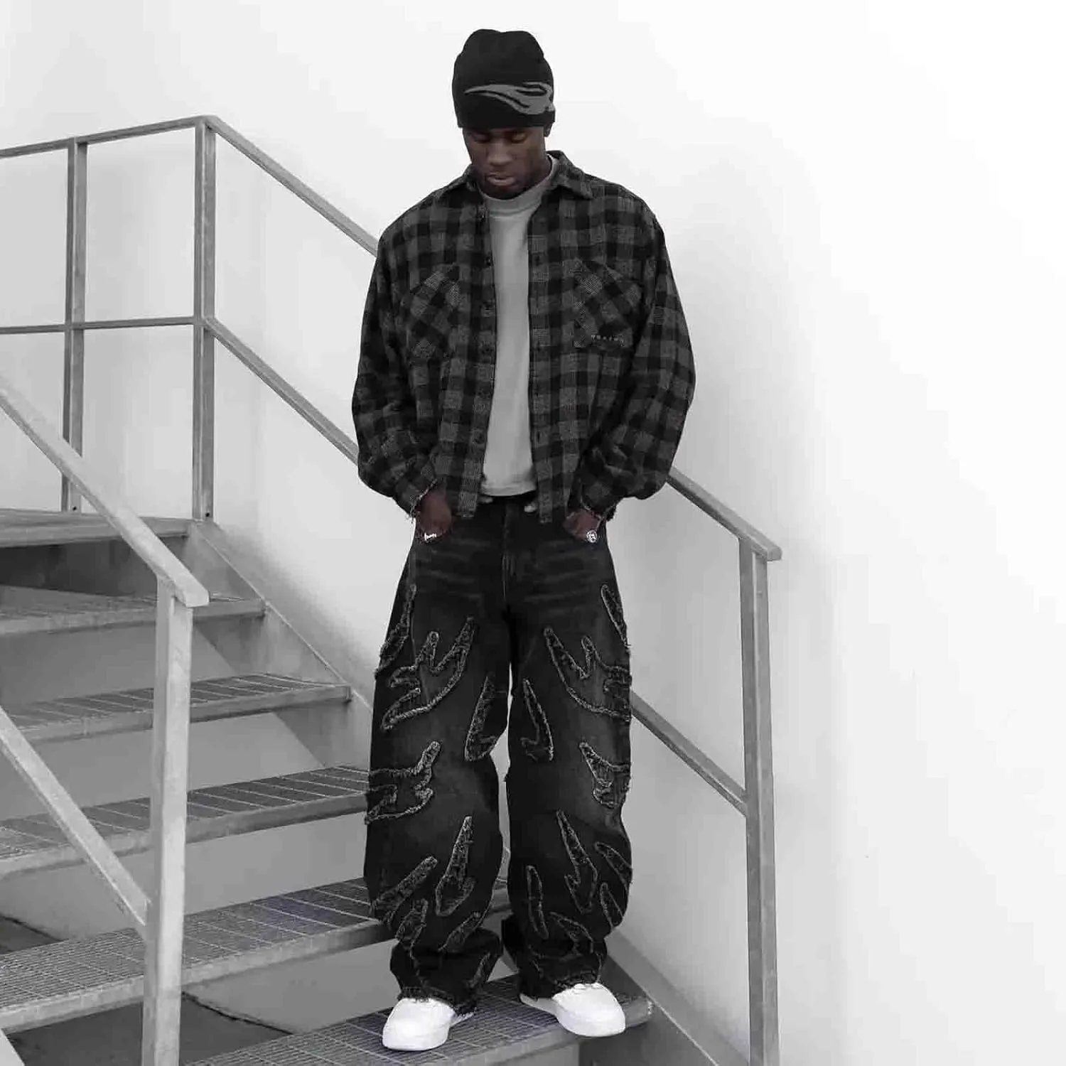 Y2K Jeans Men's Hip-hop Retro Flame Splicing Wide Leg Women's Gothic Straight Tube Loose Jeans