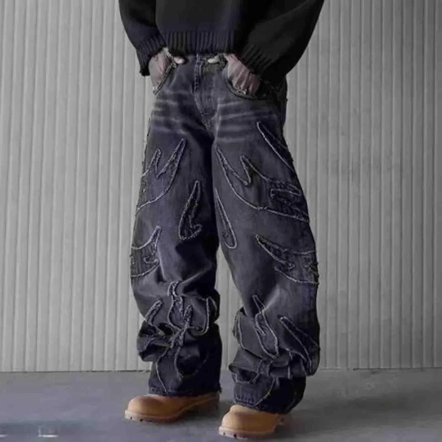 Y2K Jeans Men's Hip-hop Retro Flame Splicing Wide Leg Women's Gothic Straight Tube Loose Jeans