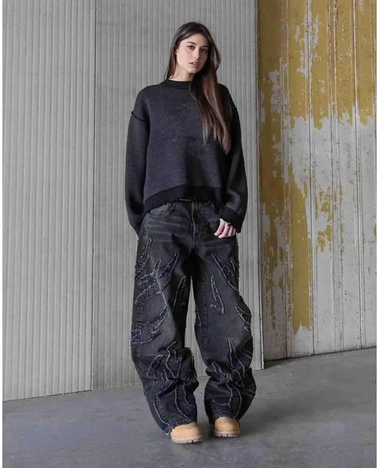 Y2K Jeans Men's Hip-hop Retro Flame Splicing Wide Leg Women's Gothic Straight Tube Loose Jeans