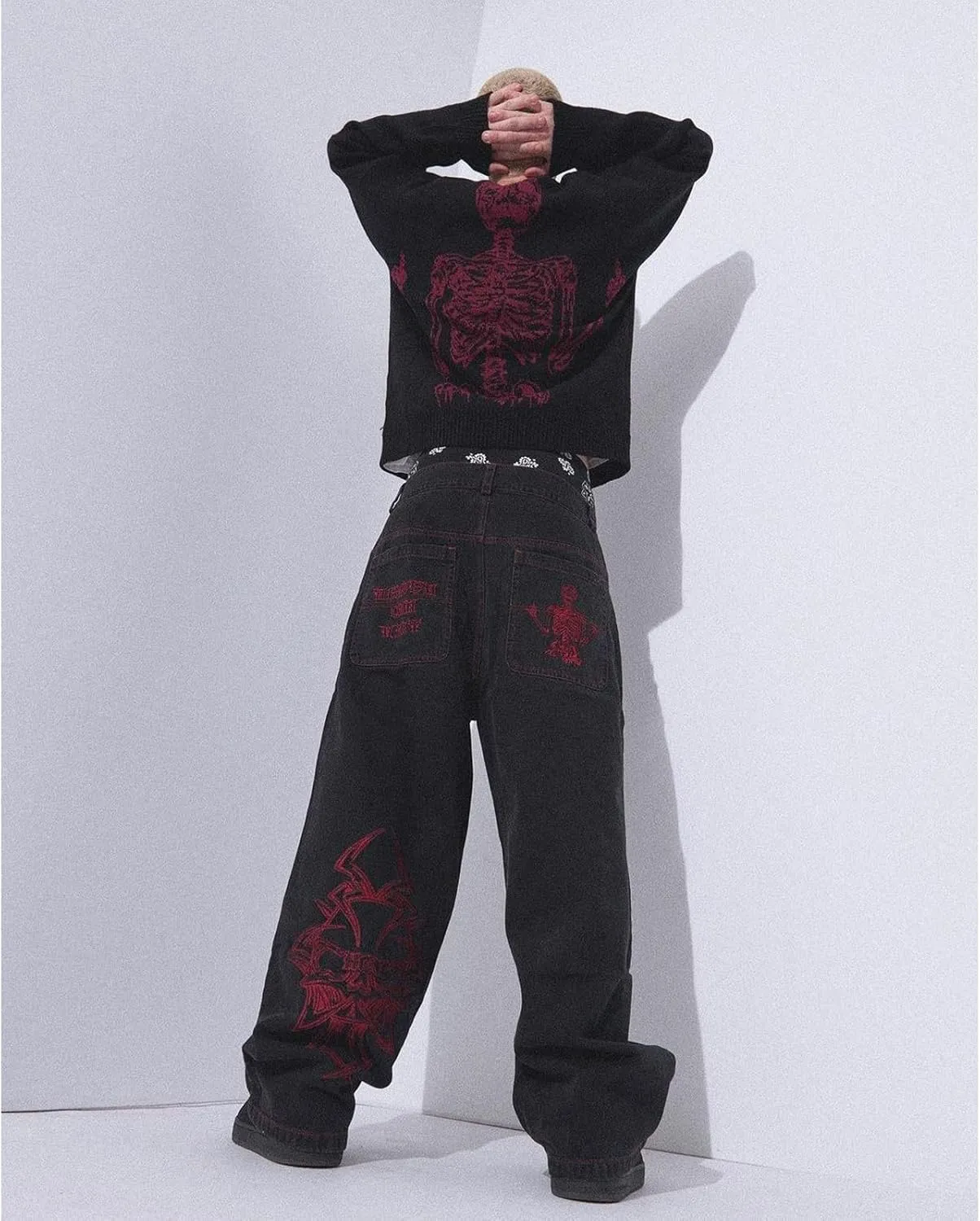 Y2K Jeans Men's Hip Hop Vintage Skull Embroidery Wash Denim Pants Gothic Straight Tube Loose Wide Leg Pants