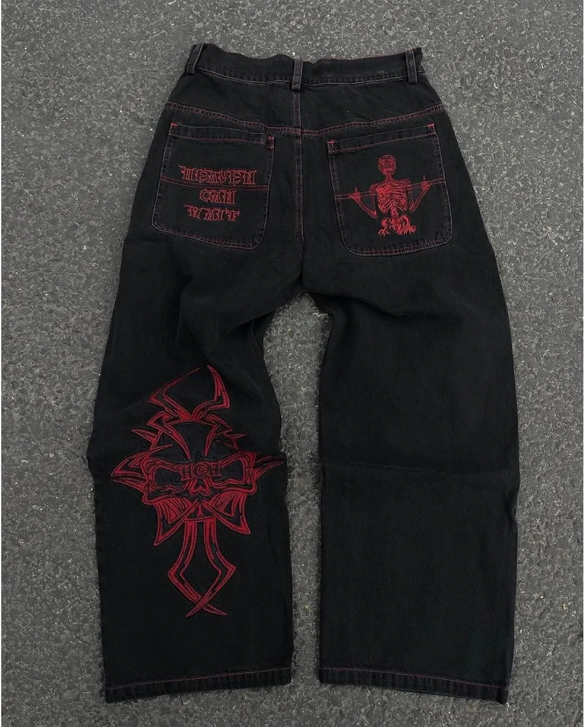 Y2K Jeans Men's Hip Hop Vintage Skull Embroidery Wash Denim Pants Gothic Straight Tube Loose Wide Leg Pants
