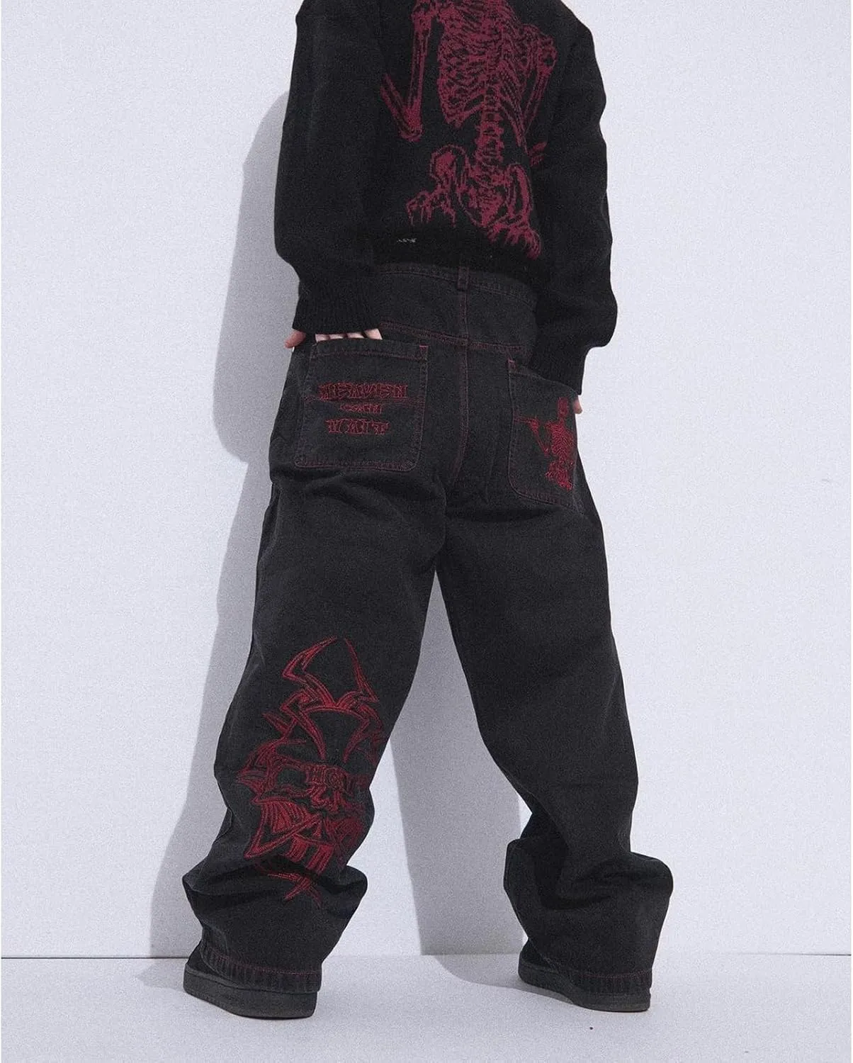 Y2K Jeans Men's Hip Hop Vintage Skull Embroidery Wash Denim Pants Gothic Straight Tube Loose Wide Leg Pants