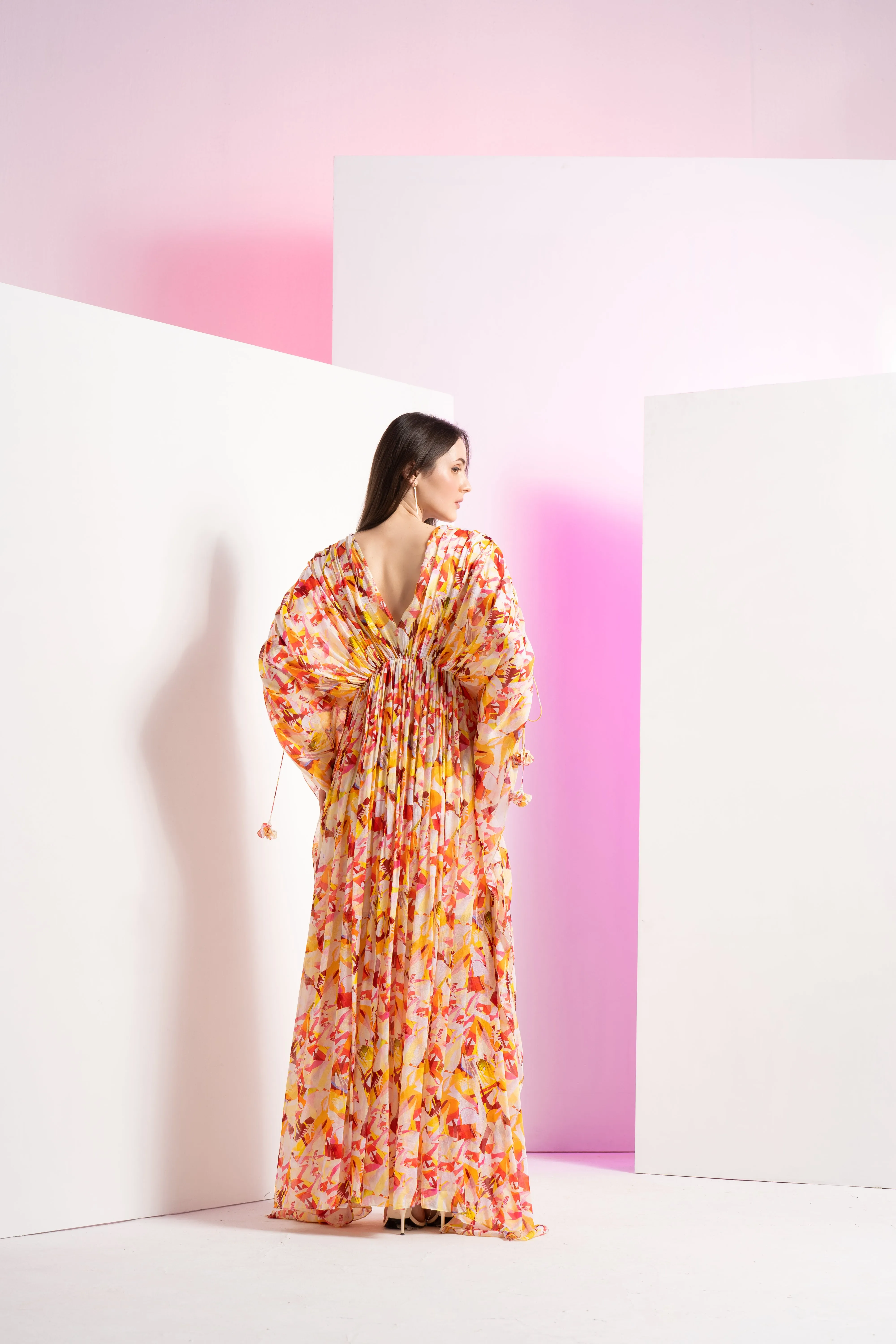 Yellow geometric chaos kaftan full length dress