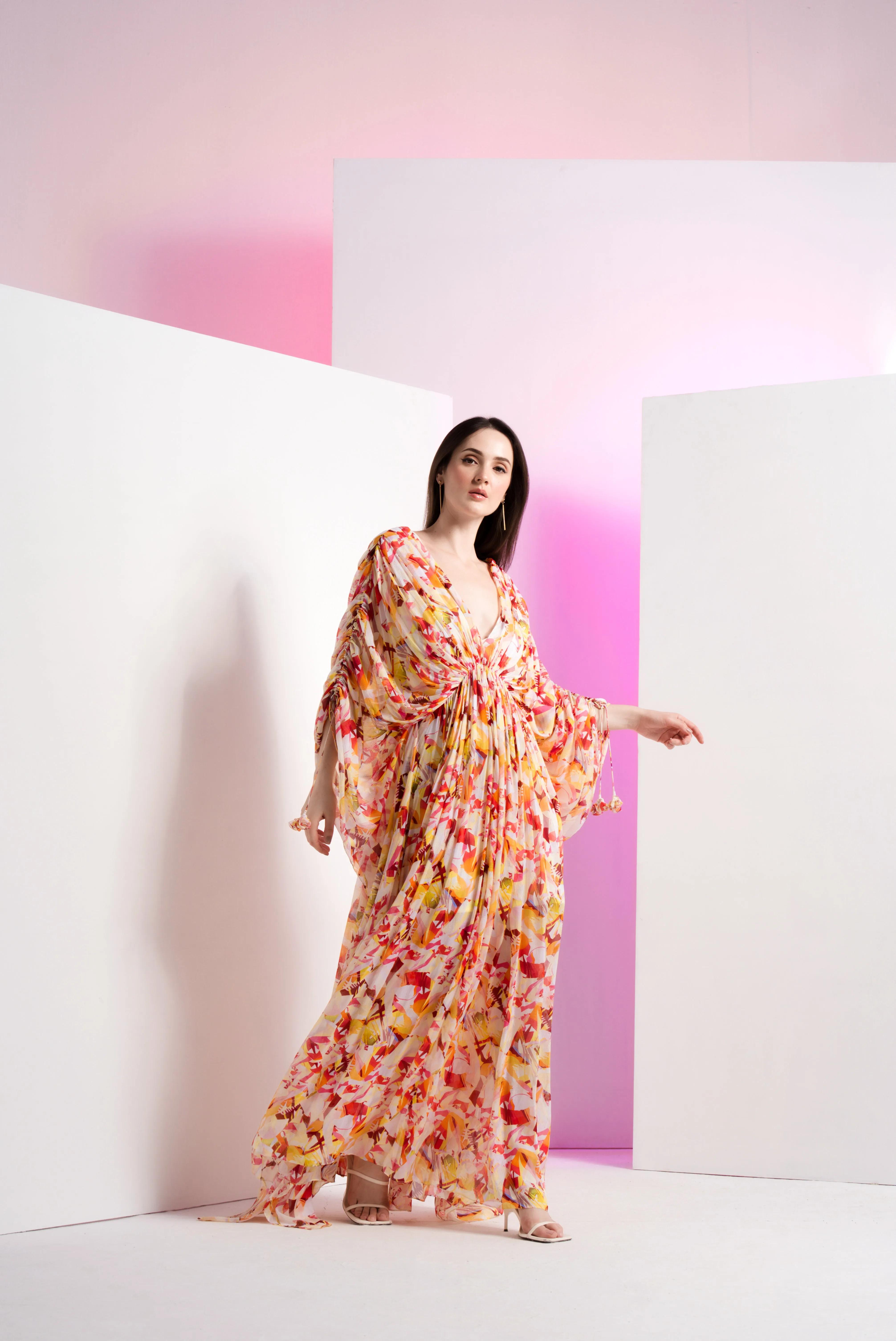 Yellow geometric chaos kaftan full length dress