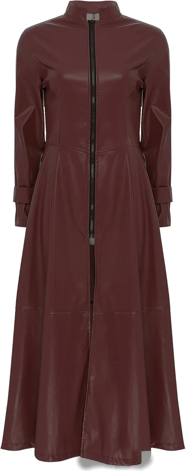 YiZYiF Womens Shiny Leather Long Sleeve Jacket Dress Full Zipper Leather Long Jacket Coats Outwear