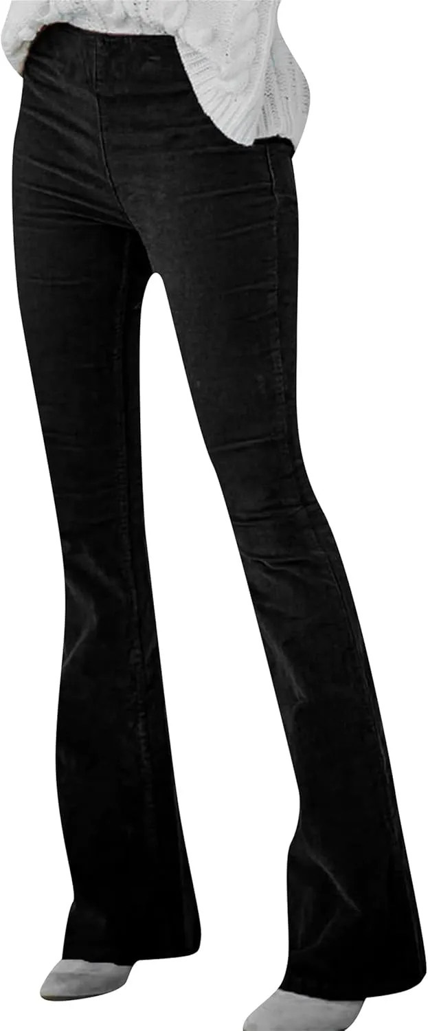YMING Women's Corduroy Flare Pants Elastic Waist Bell Bottom Trousers Solid Color Stretch Pants with Pockets