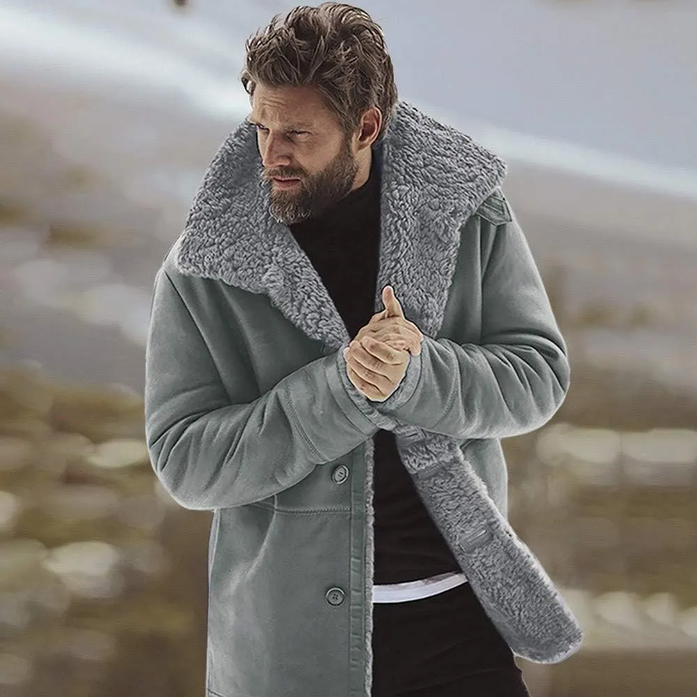Ymosrh Mens Leather Jacket Winter Sheepskin Jacket Warm Wool Lined Mountain Faux Lamb Jackets Coat Flannel Jacket