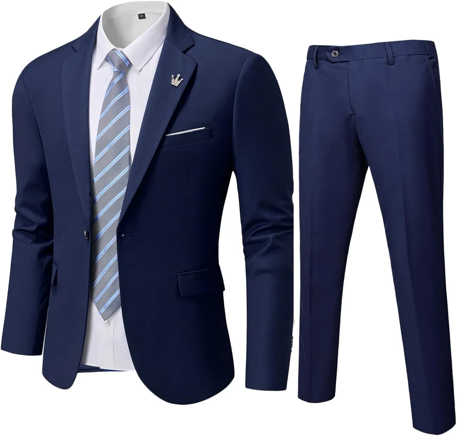 YND Men's Slim Fit 2 Piece Suit, One Button Solid Jacket Pants Set with Tie