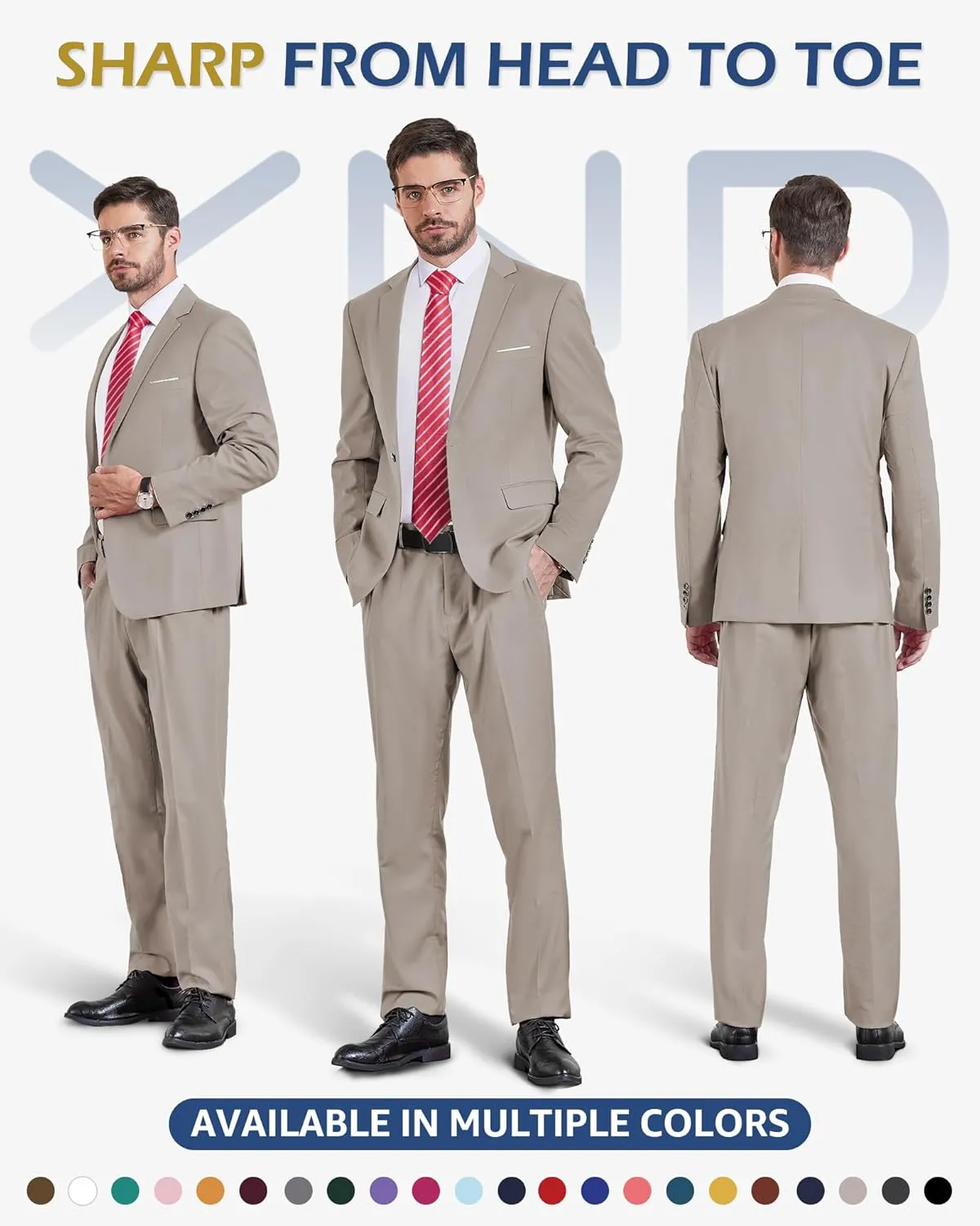 YND Men's Slim Fit 2 Piece Suit, One Button Solid Jacket Pants Set with Tie