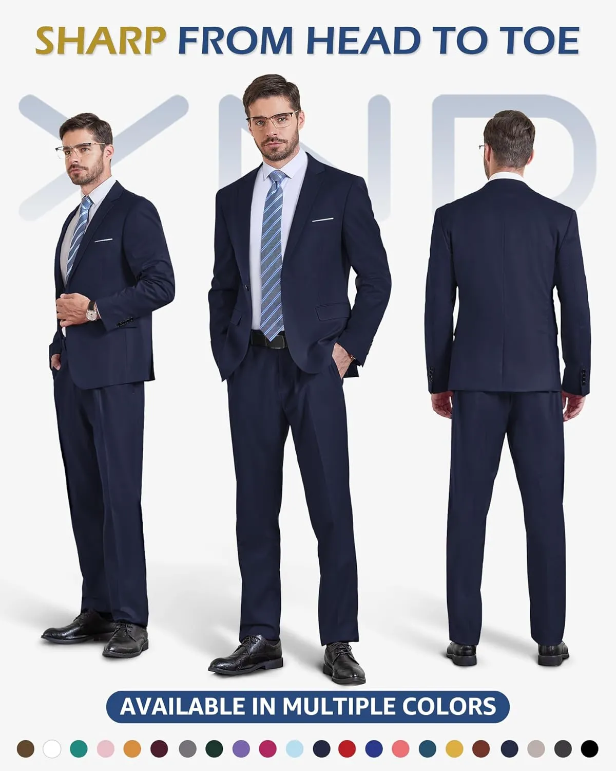 YND Men's Slim Fit 2 Piece Suit, One Button Solid Jacket Pants Set with Tie