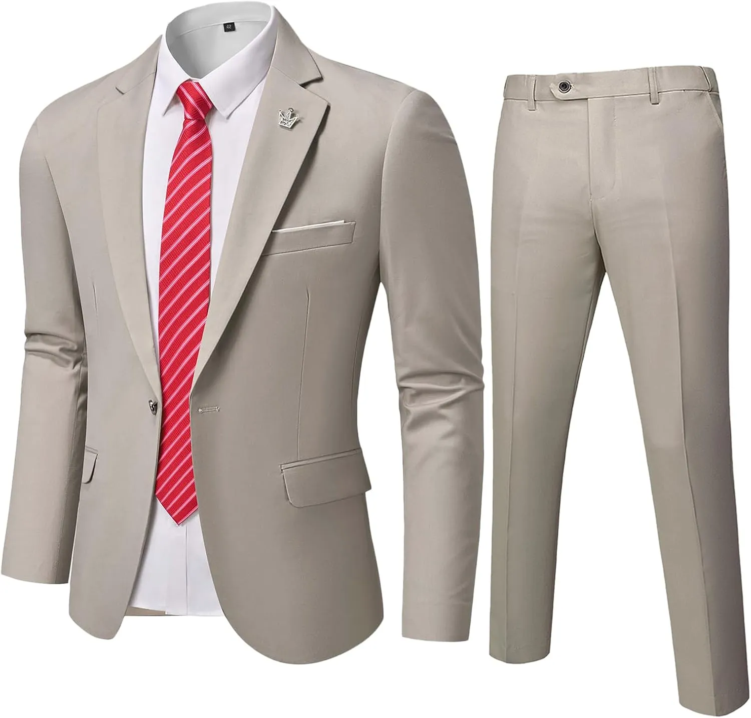 YND Men's Slim Fit 2 Piece Suit, One Button Solid Jacket Pants Set with Tie