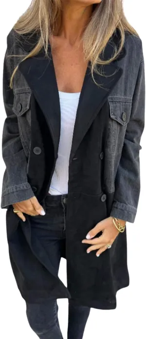 yoeasy Womens Denim Patchwork Trench Coat Notched Lapel Double Breasted Oversized Casual Blazers Suit Jacket
