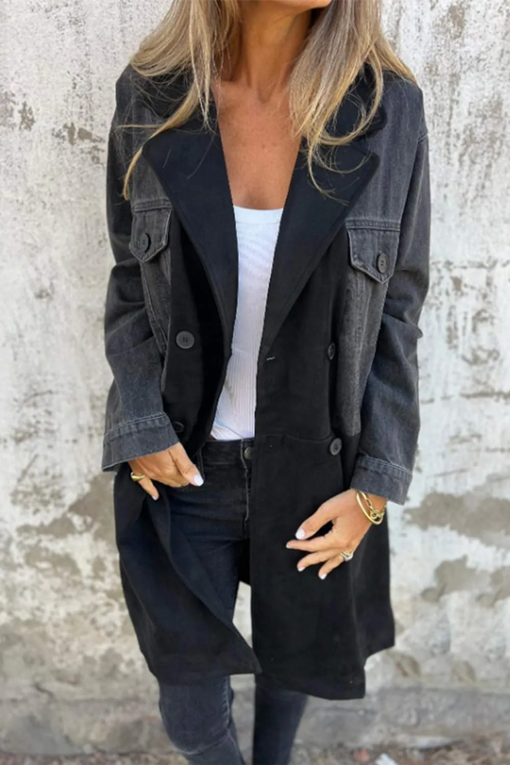 yoeasy Womens Denim Patchwork Trench Coat Notched Lapel Double Breasted Oversized Casual Blazers Suit Jacket