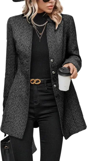 yoeasy Women's Stand Collar Single Breasted Pea Coat Casual Wool Blend Mid Long Trench Coat Winter Jackets