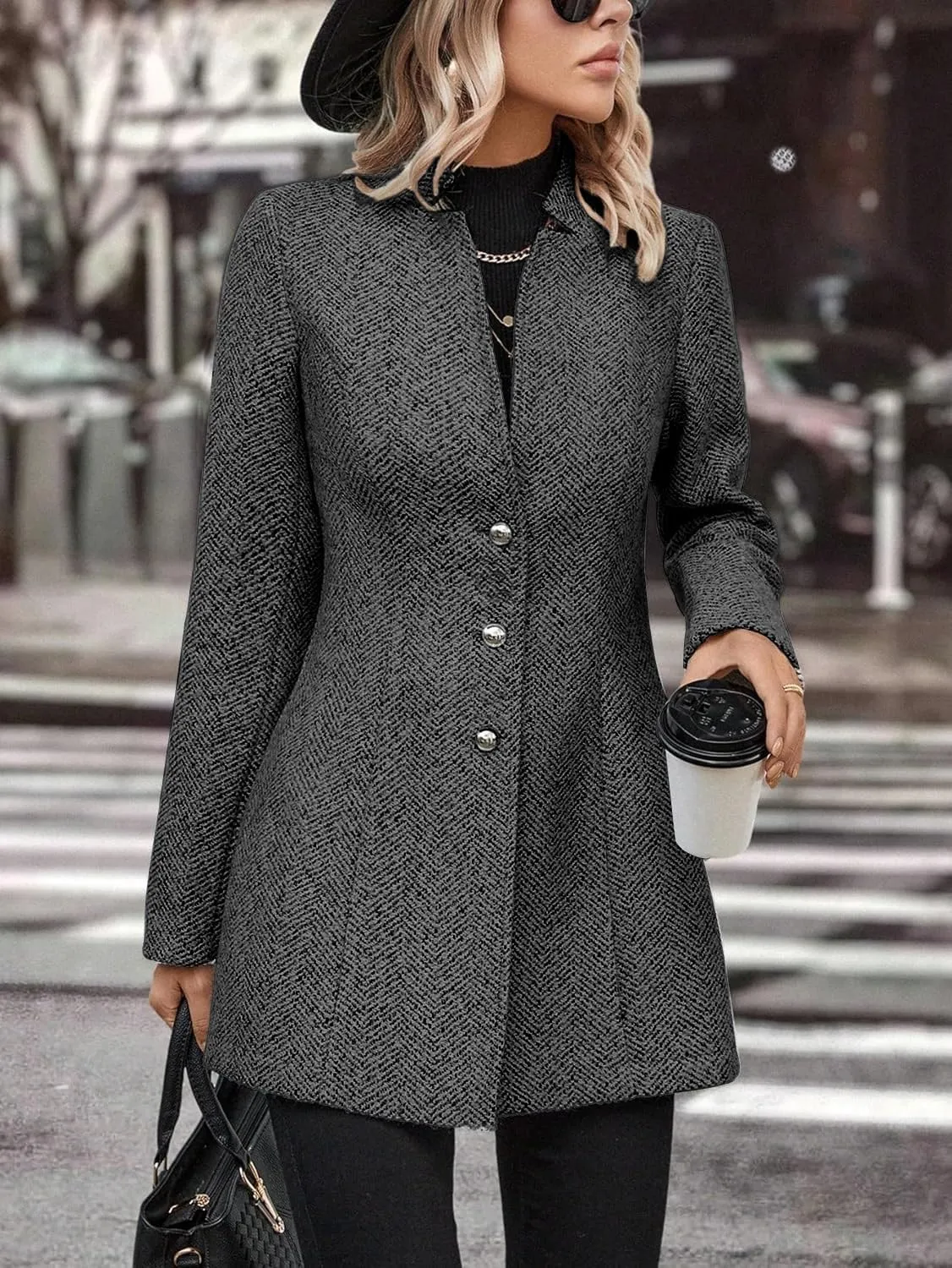 yoeasy Women's Stand Collar Single Breasted Pea Coat Casual Wool Blend Mid Long Trench Coat Winter Jackets