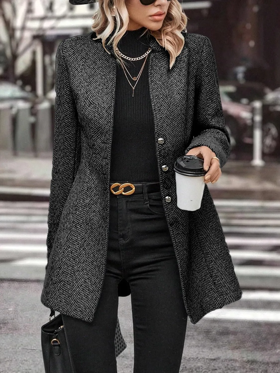 yoeasy Women's Stand Collar Single Breasted Pea Coat Casual Wool Blend Mid Long Trench Coat Winter Jackets