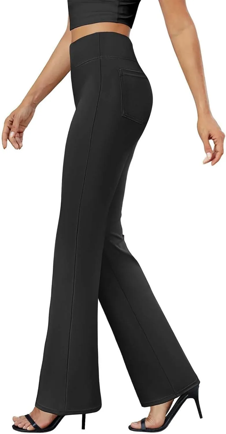 Yoga Dress Pants for Women with Pockets Business Casual High Waisted Work Pants Flare Leggings Tummy Control Slacks