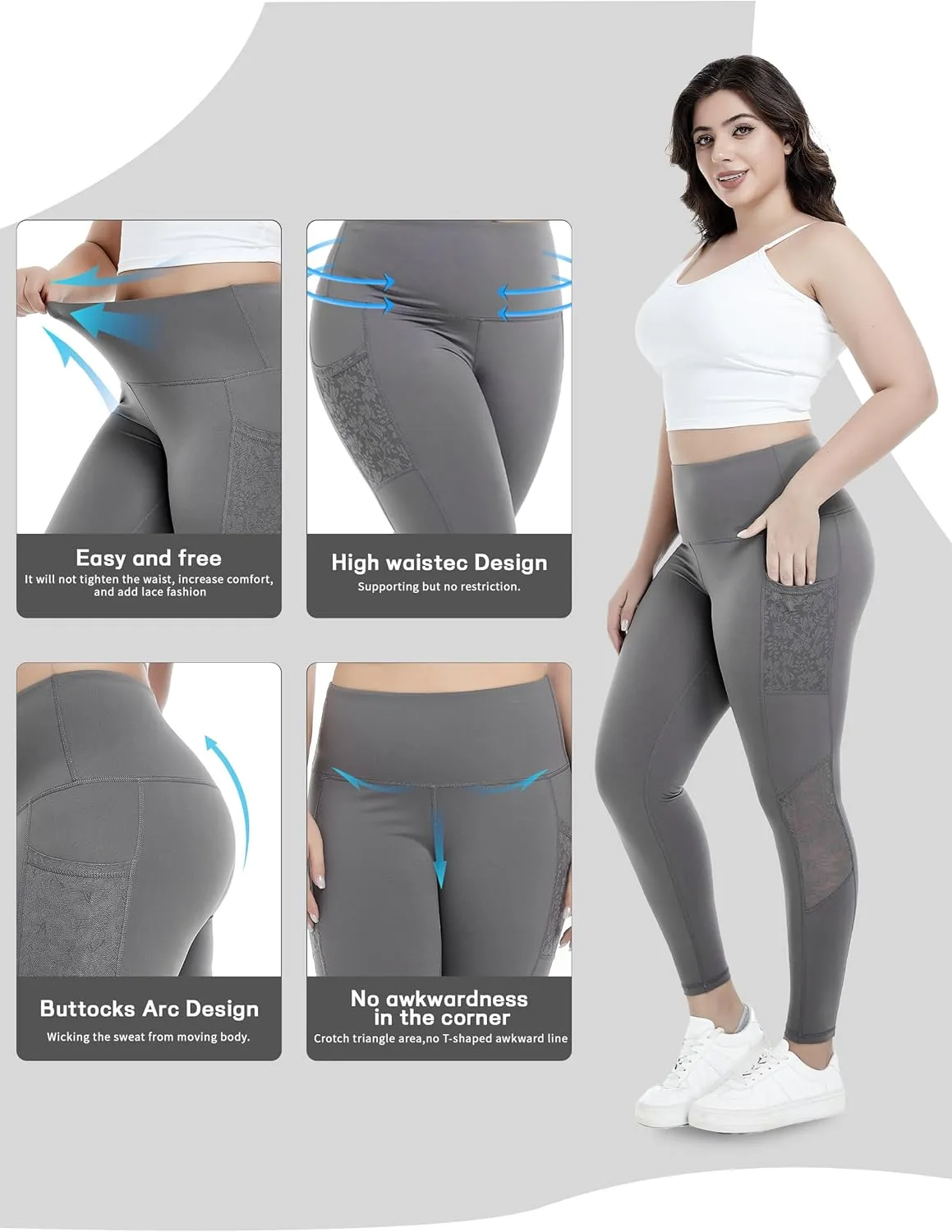 Yoga Pants Lace High Waist Leggings with Pockets, Sexy 4-Way Stretch Workout Sports Running Athletic Gifts for Women