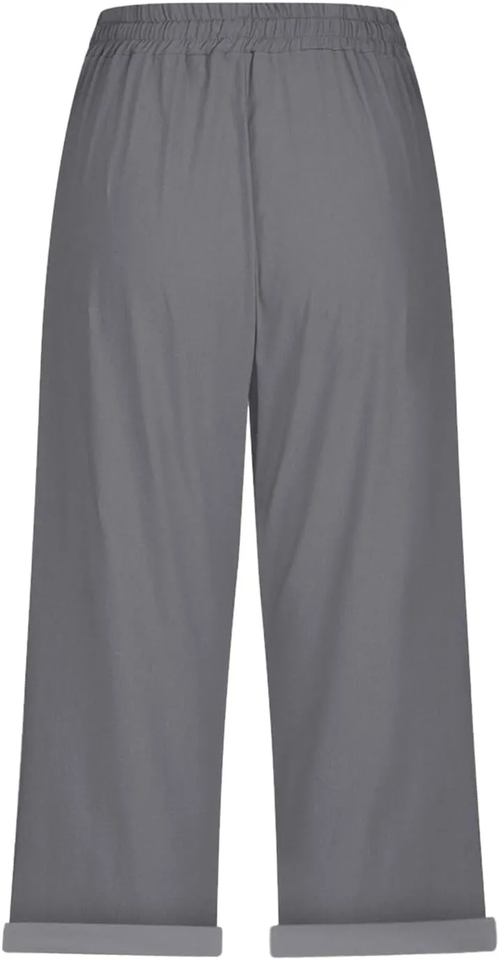 Yoga Pants with Pockets for Women Linen Elastic Seven Pants Beach Loose Comfy Trendy Elastic Waist Cropped Trouser