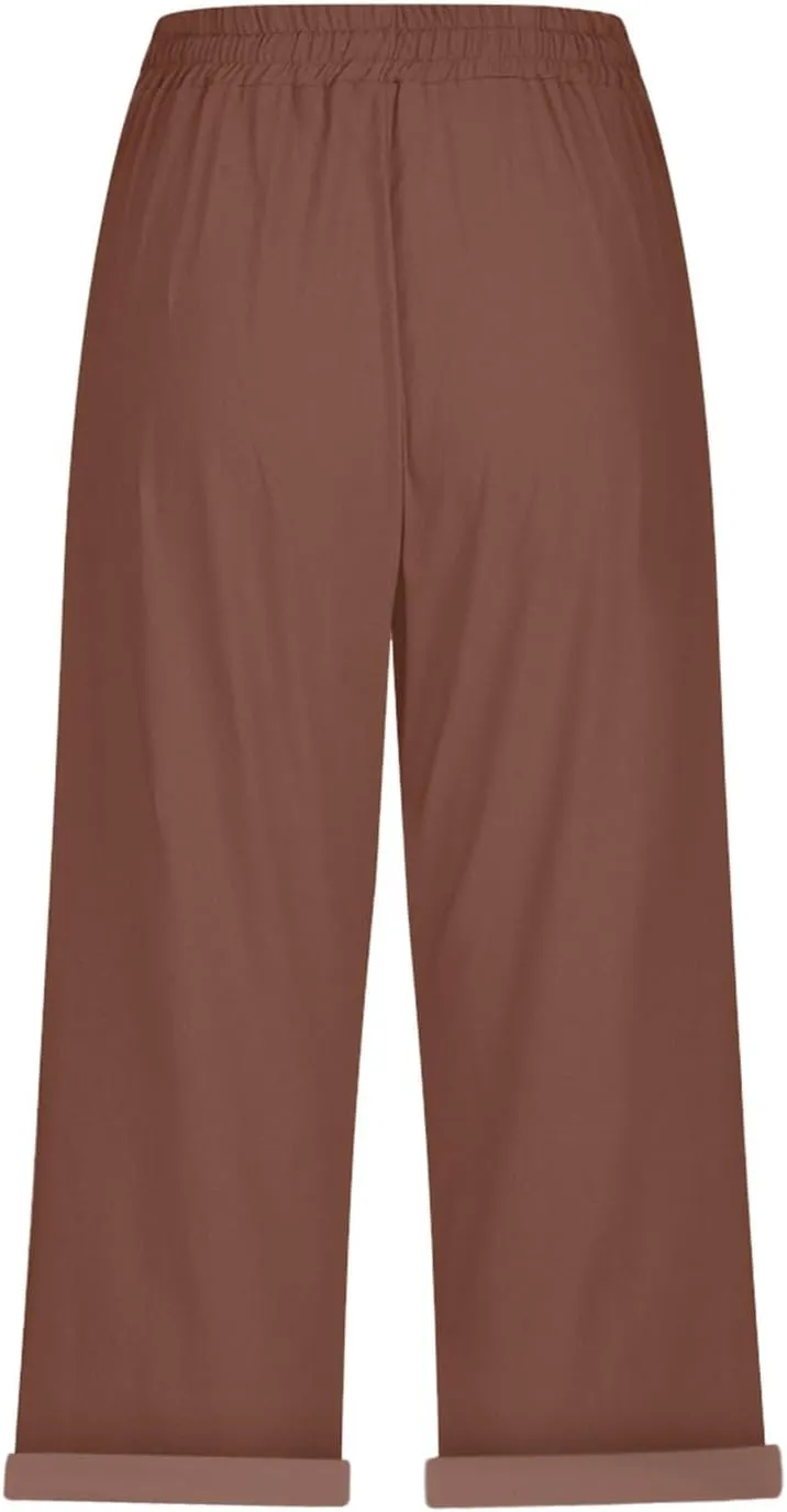 Yoga Pants with Pockets for Women Linen Elastic Seven Pants Beach Loose Comfy Trendy Elastic Waist Cropped Trouser