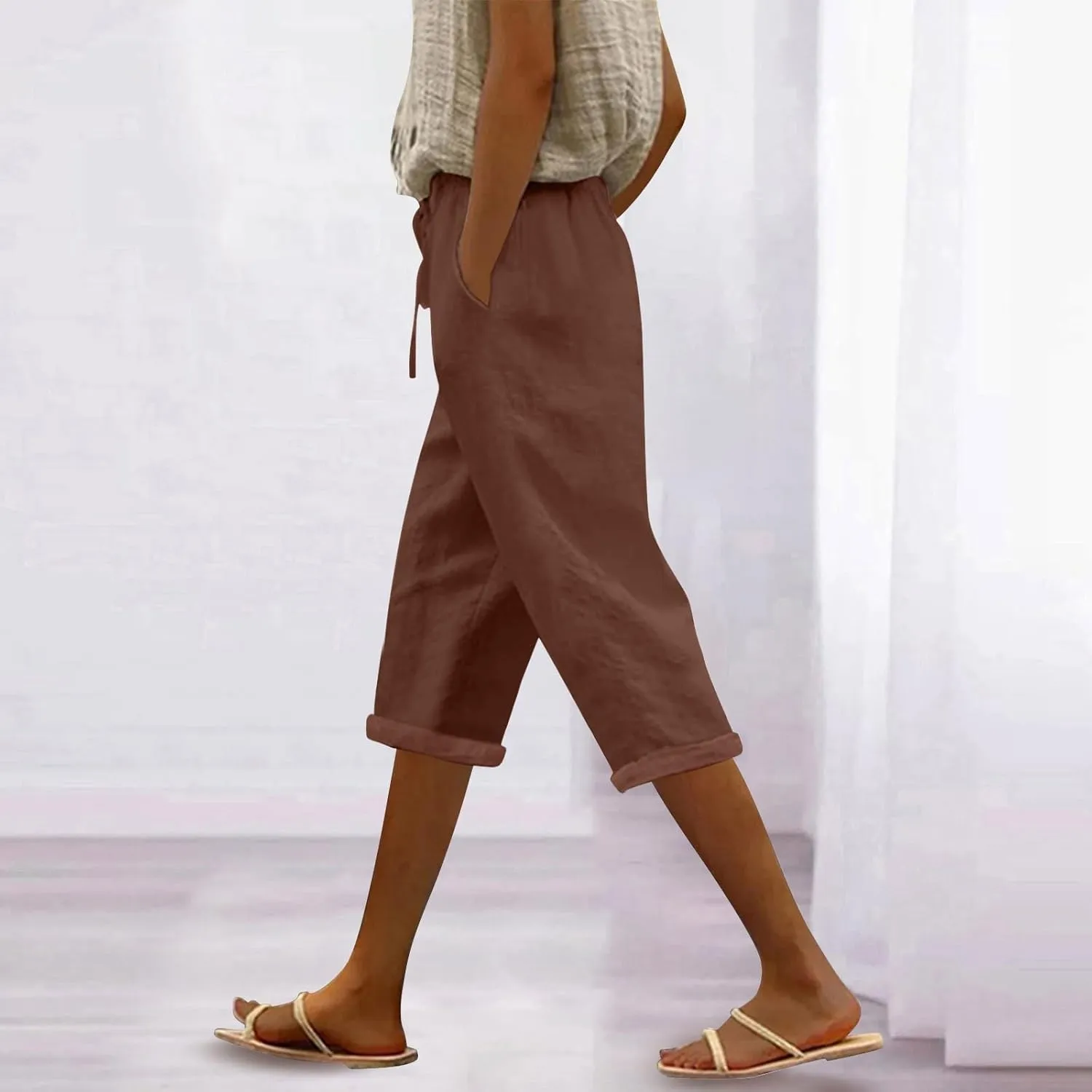 Yoga Pants with Pockets for Women Linen Elastic Seven Pants Beach Loose Comfy Trendy Elastic Waist Cropped Trouser