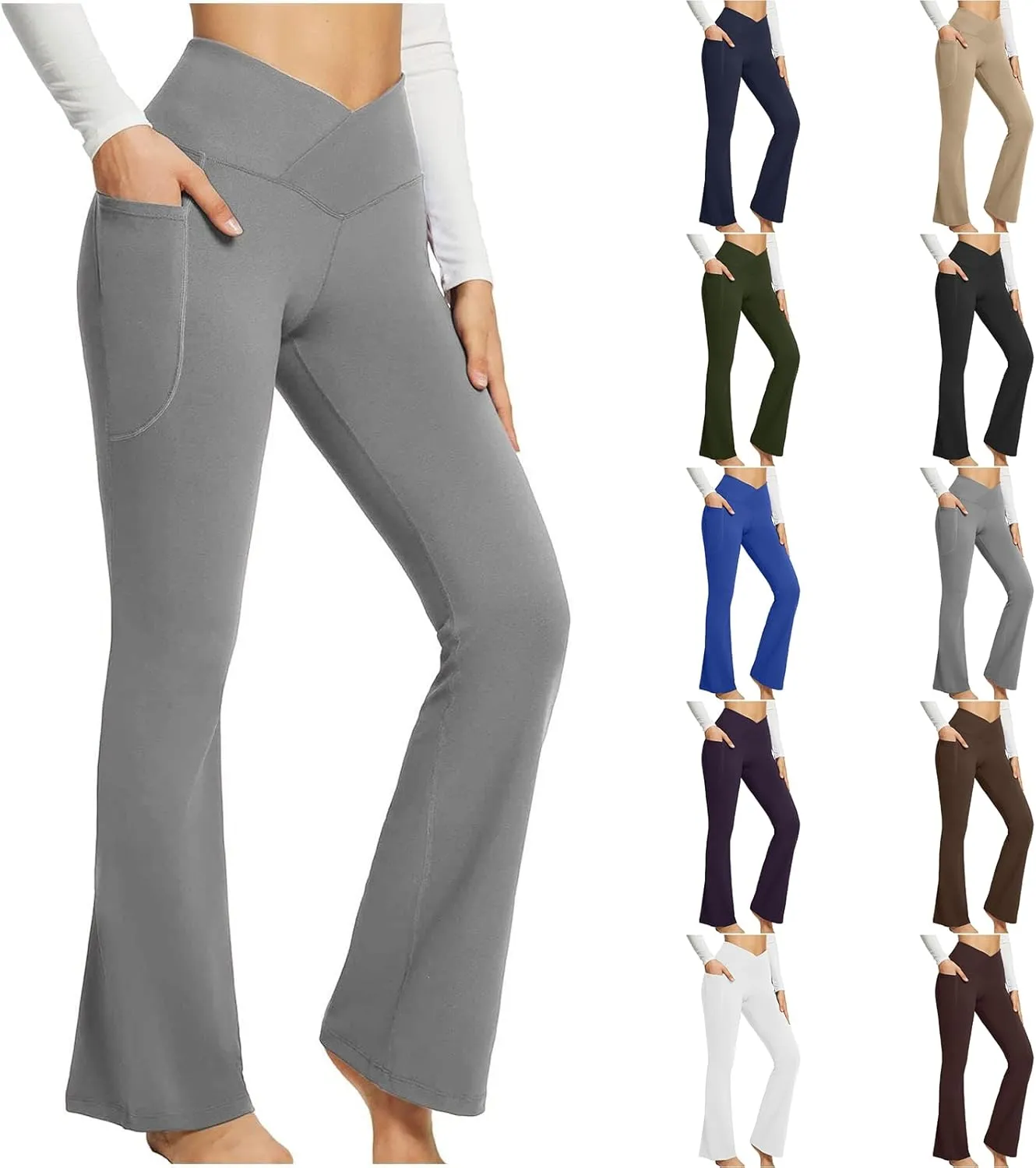 Yoga Pants with Pockets for Women Tummy Control Flare Leggings Trouser Style Yoga Pants Crossover Bootcut Bell Bottoms