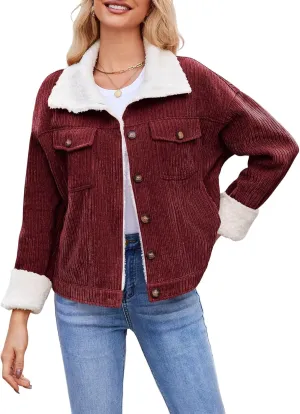 ZAFUL 2024 Womens Sherpa Fleece Jacket Button Down Corduroy Shacket Casual Winter Warm Coat With Pockets
