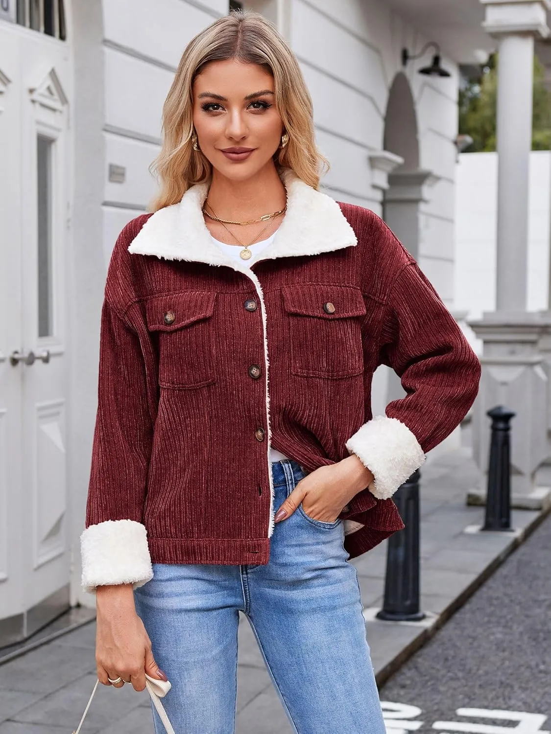 ZAFUL 2024 Womens Sherpa Fleece Jacket Button Down Corduroy Shacket Casual Winter Warm Coat With Pockets