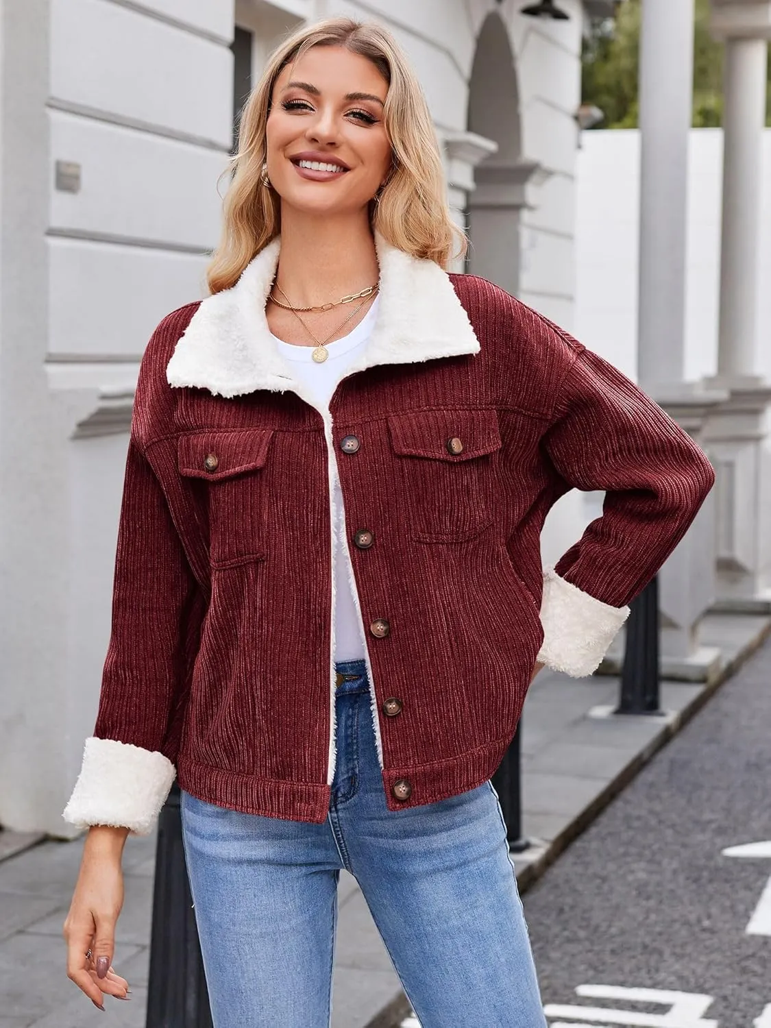 ZAFUL 2024 Womens Sherpa Fleece Jacket Button Down Corduroy Shacket Casual Winter Warm Coat With Pockets