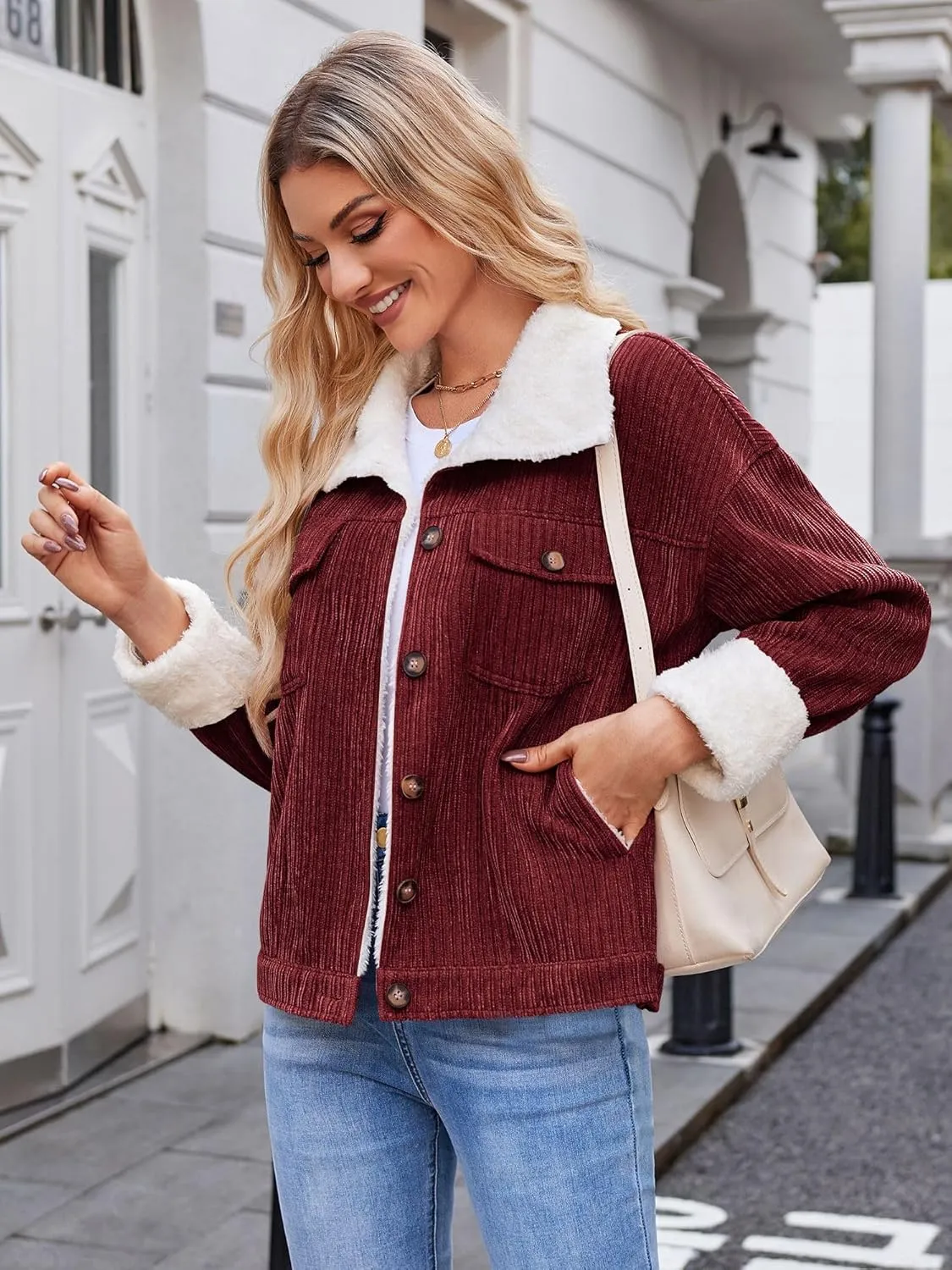 ZAFUL 2024 Womens Sherpa Fleece Jacket Button Down Corduroy Shacket Casual Winter Warm Coat With Pockets