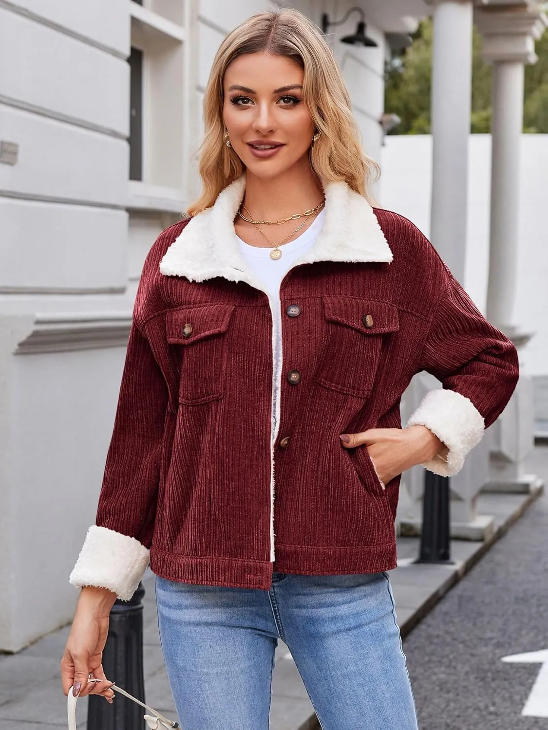 ZAFUL 2024 Womens Sherpa Fleece Jacket Button Down Corduroy Shacket Casual Winter Warm Coat With Pockets