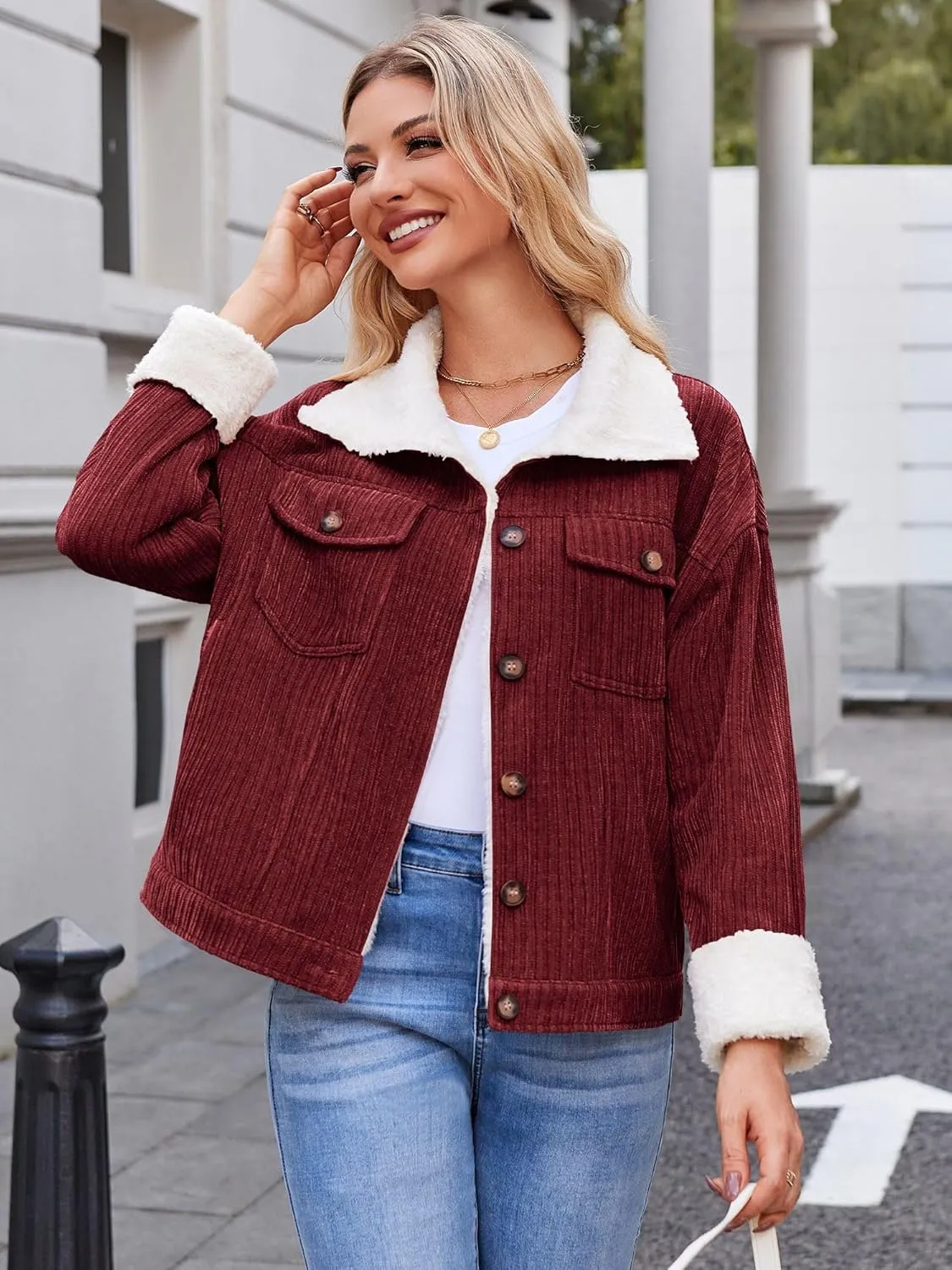 ZAFUL 2024 Womens Sherpa Fleece Jacket Button Down Corduroy Shacket Casual Winter Warm Coat With Pockets