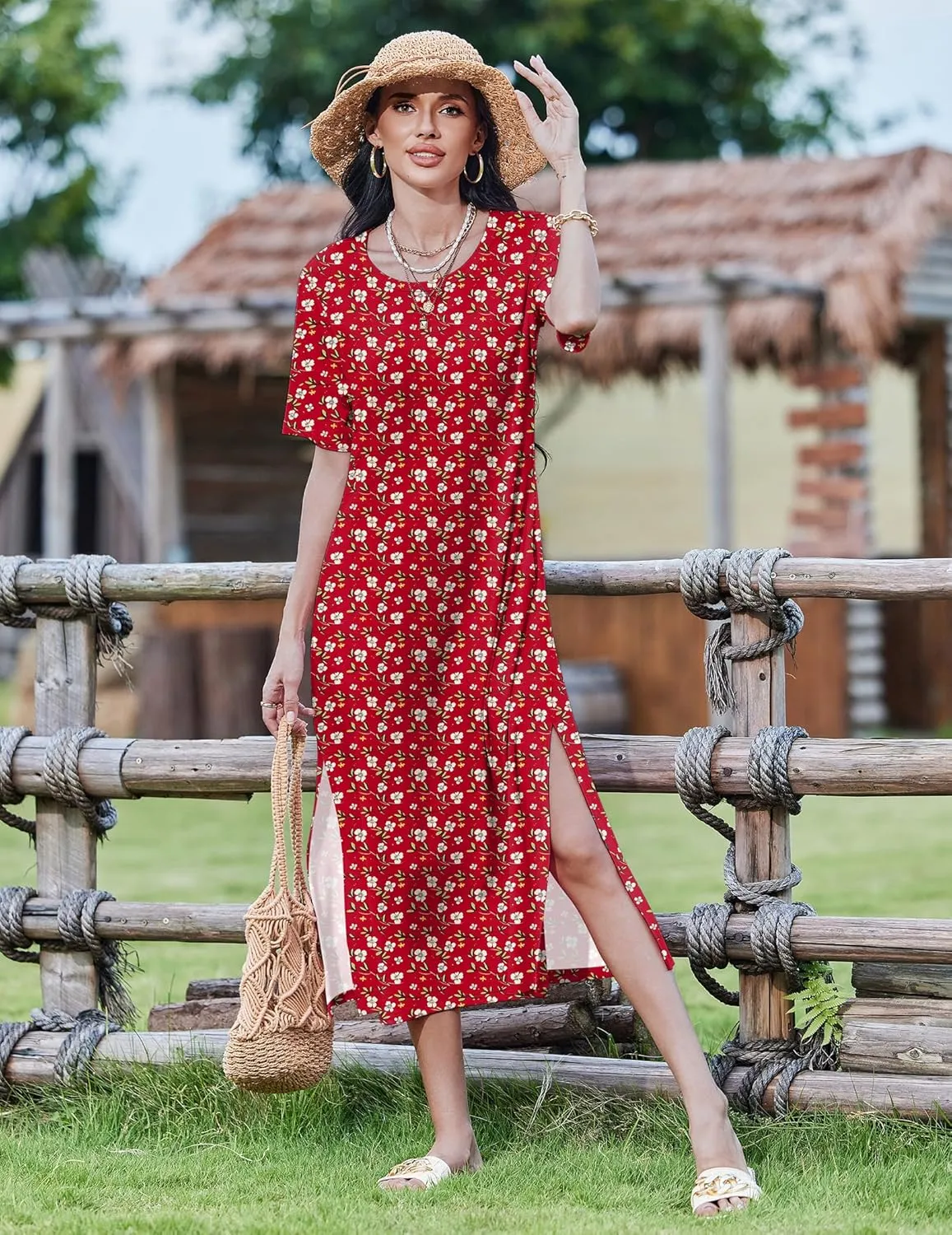 Zeagoo 2025 Vacation Dress Women Floral Summer Dress Casual Beach Dress Printed T Shirt Dress Split Long Dress Travel