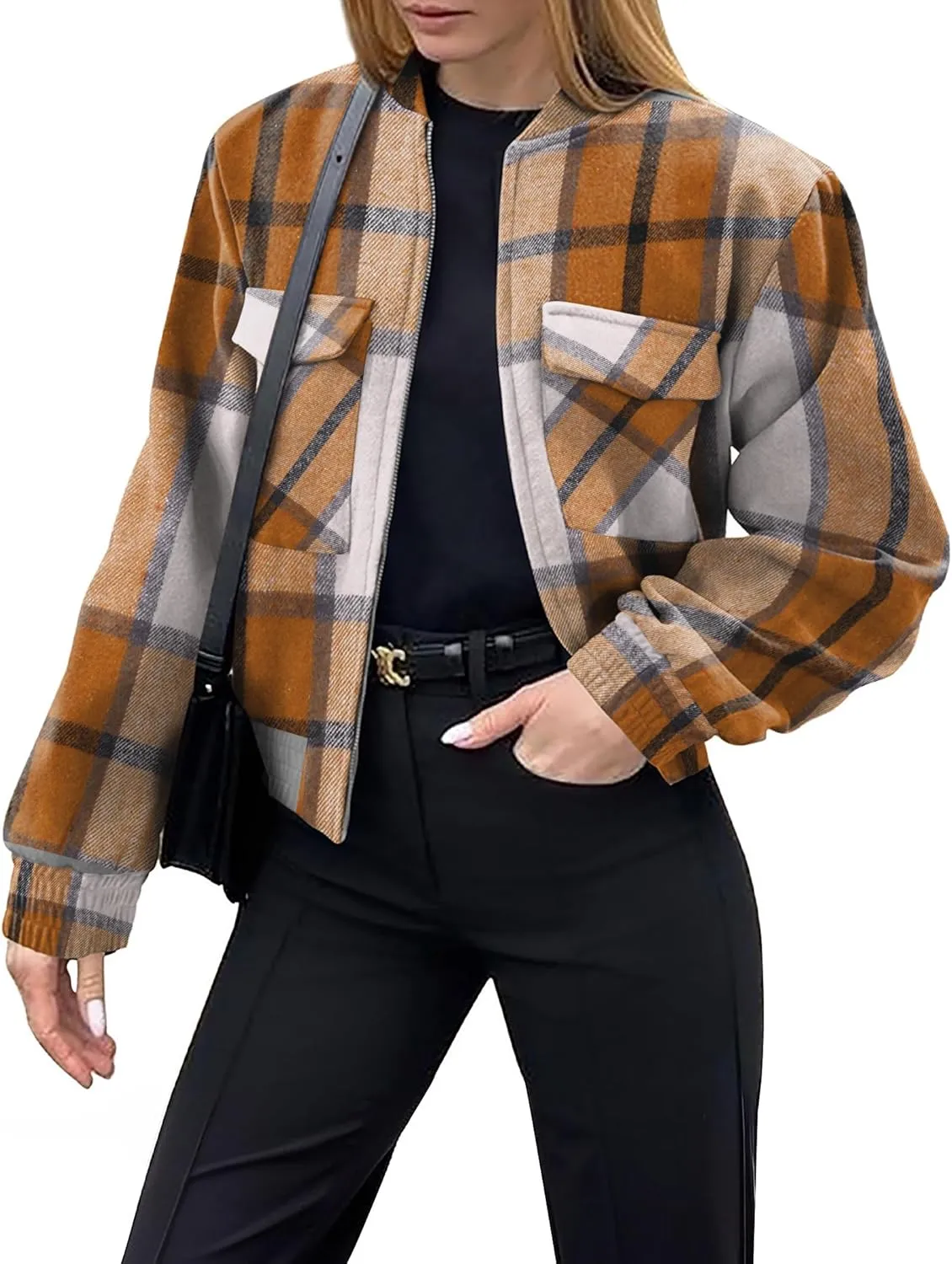 Zeagoo Womens Cropped Jacket Stand Collar Long Sleeve Zip Up Shackets Bomber Jacket Coats with Pockets