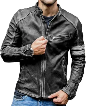 Zillij Mens Vintage Cafe Racer Motorcycle Distressed Biker Leather Jacket