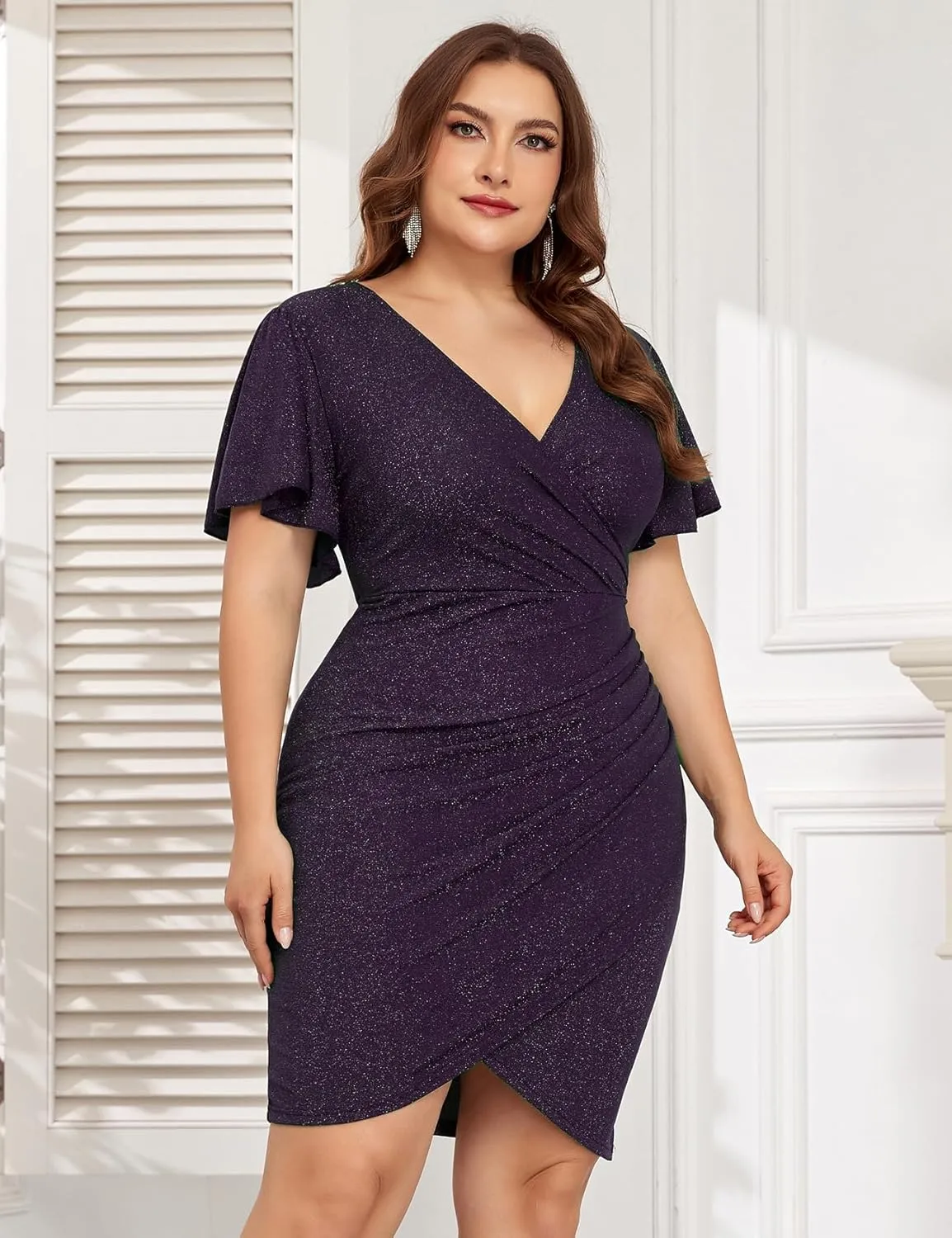 ZOMVA Plus Size 0X-4X Sparkly Glitter Ruched Bodycon Mini Dress Sparkle Sequin Wrap Ruffle Sleeve Dress Cocktail Party Formal