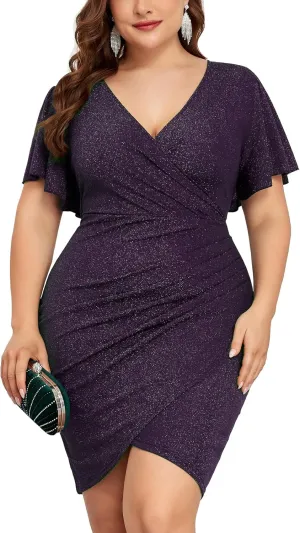 ZOMVA Plus Size 0X-4X Sparkly Glitter Ruched Bodycon Mini Dress Sparkle Sequin Wrap Ruffle Sleeve Dress Cocktail Party Formal