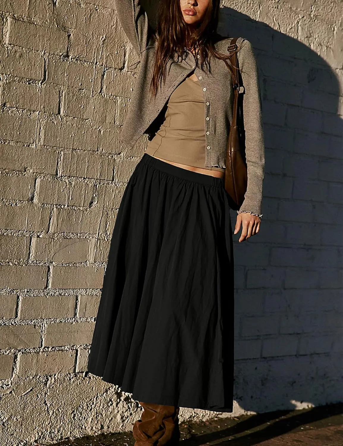 Zontroldy Women's Fashion Midi Skirt Elastic Waist Pleated Casual Cotton Long Skirts with Pockets