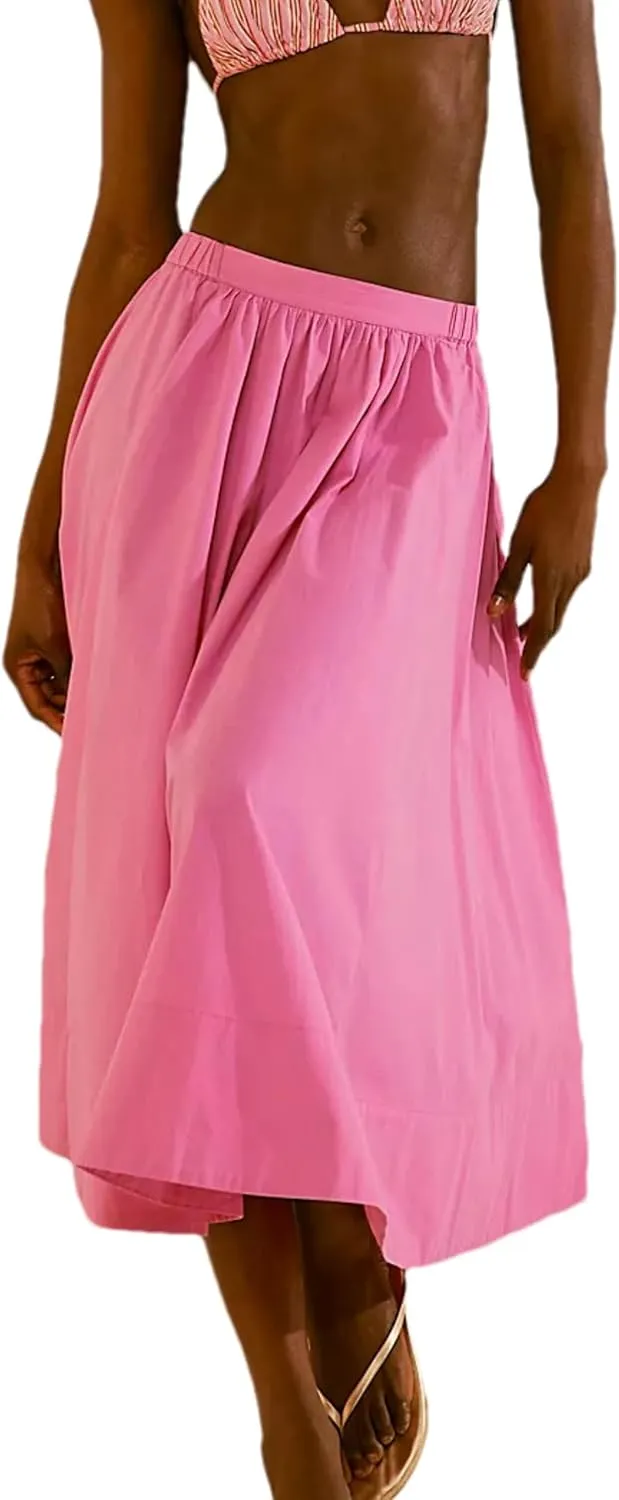 Zontroldy Women's Fashion Midi Skirt Elastic Waist Pleated Casual Cotton Long Skirts with Pockets