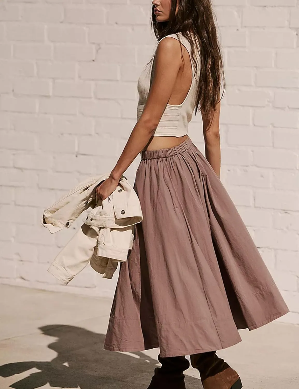 Zontroldy Women's Fashion Midi Skirt Elastic Waist Pleated Casual Cotton Long Skirts with Pockets