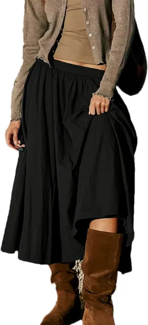 Zontroldy Women's Fashion Midi Skirt Elastic Waist Pleated Casual Cotton Long Skirts with Pockets