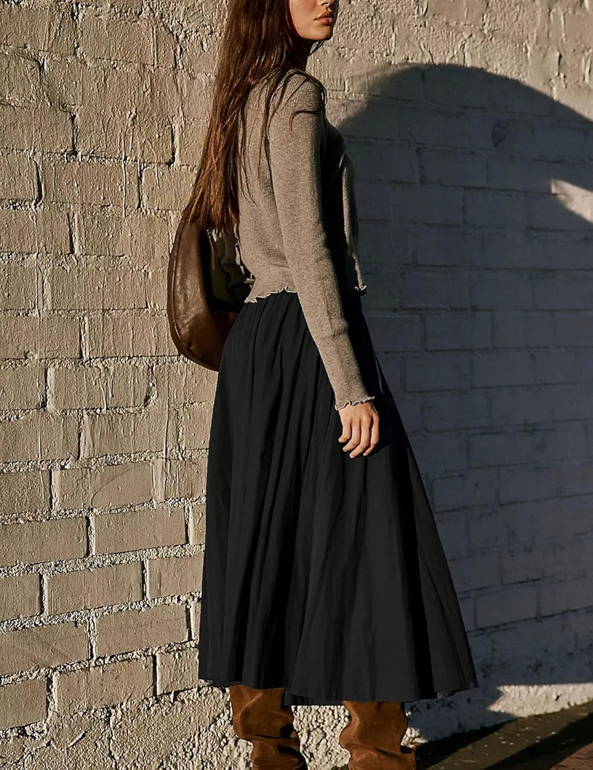 Zontroldy Women's Fashion Midi Skirt Elastic Waist Pleated Casual Cotton Long Skirts with Pockets