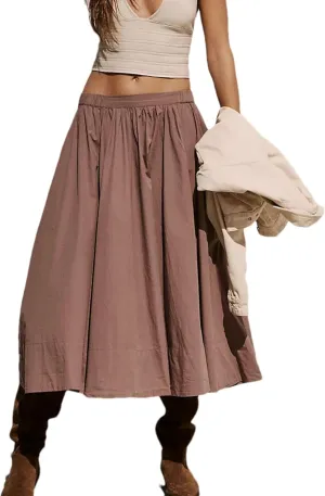 Zontroldy Women's Fashion Midi Skirt Elastic Waist Pleated Casual Cotton Long Skirts with Pockets