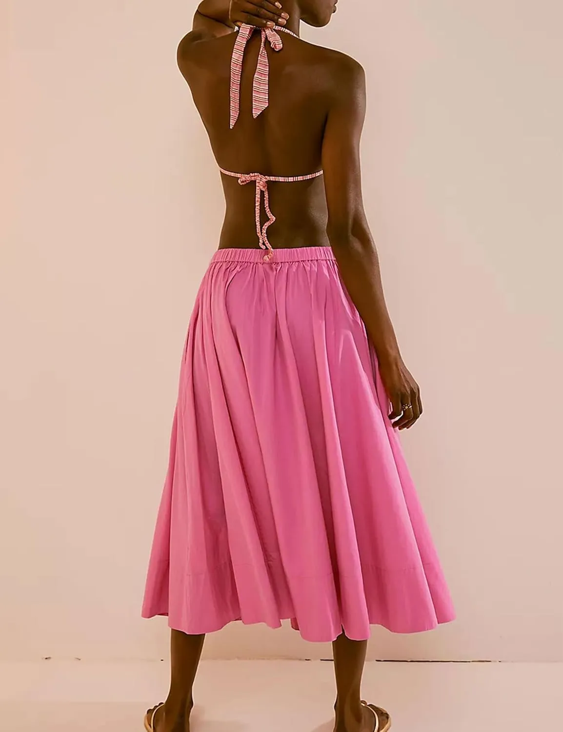 Zontroldy Women's Fashion Midi Skirt Elastic Waist Pleated Casual Cotton Long Skirts with Pockets