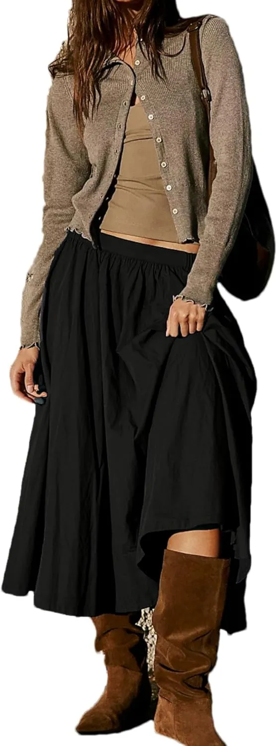 Zontroldy Women's Fashion Midi Skirt Elastic Waist Pleated Casual Cotton Long Skirts with Pockets